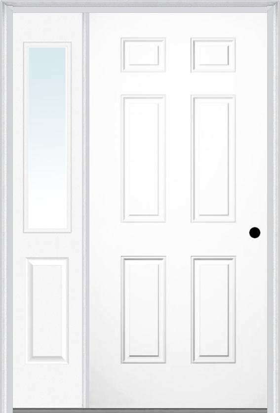MMI 6 PANEL 3'0" X 6'8" FIBERGLASS SMOOTH EXTERIOR PREHUNG DOOR WITH 1 HALF LITE CLEAR OR PRIVACY/TEXTURED GLASS SIDELIGHT 21